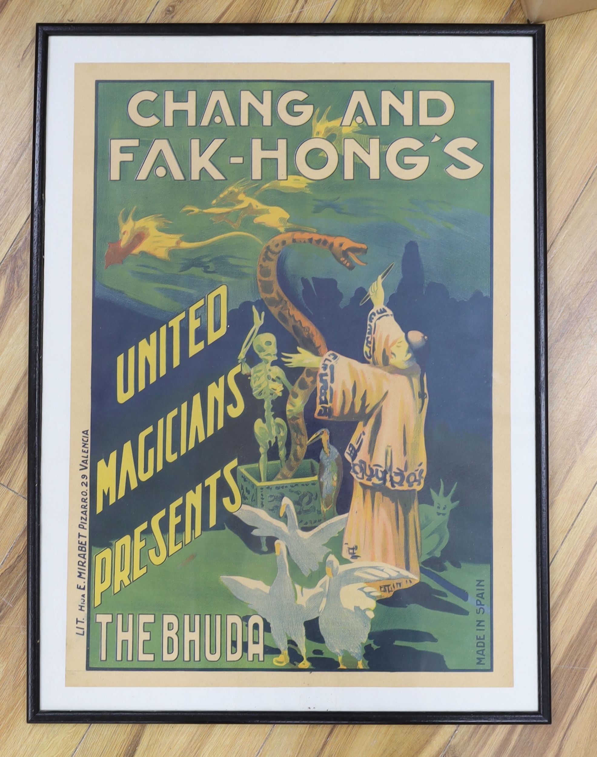 E.Mirabet lith. colour lithograph, ‘Chang and Fak Hong’s United Magiciens presents The Bhuda’, 63 x 44.5cm.